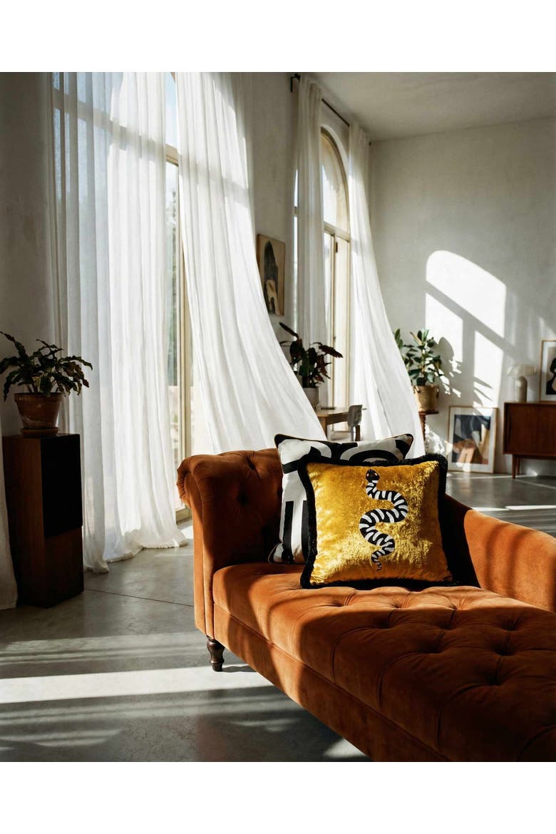 Serpiente Crushed Velvet Throw Pillow, Alternate, color, Saffron