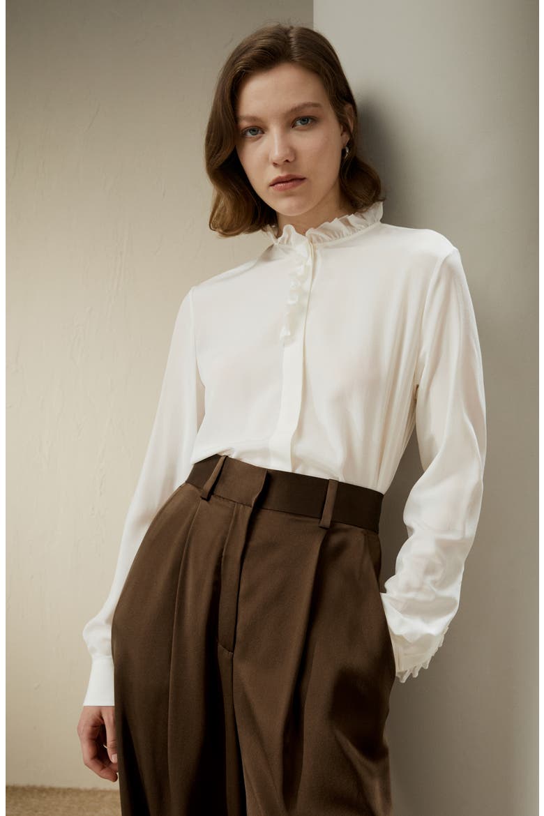 Crêpe de Chine Silk Blouse with Ruffle Edge, Alternate, color, Natural white