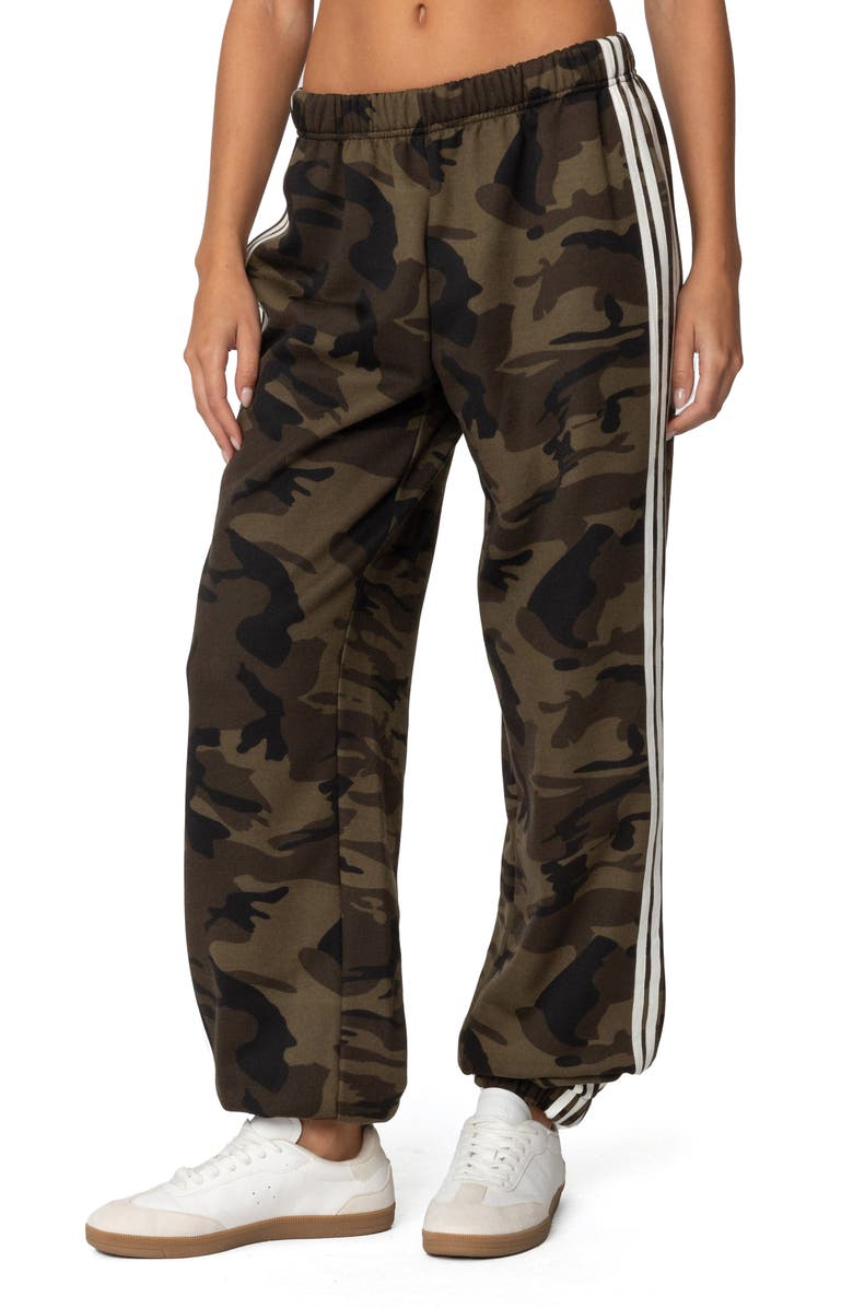 EDIKTED Camo Contrast Stripe Sweatpants, Main, color, Olive
