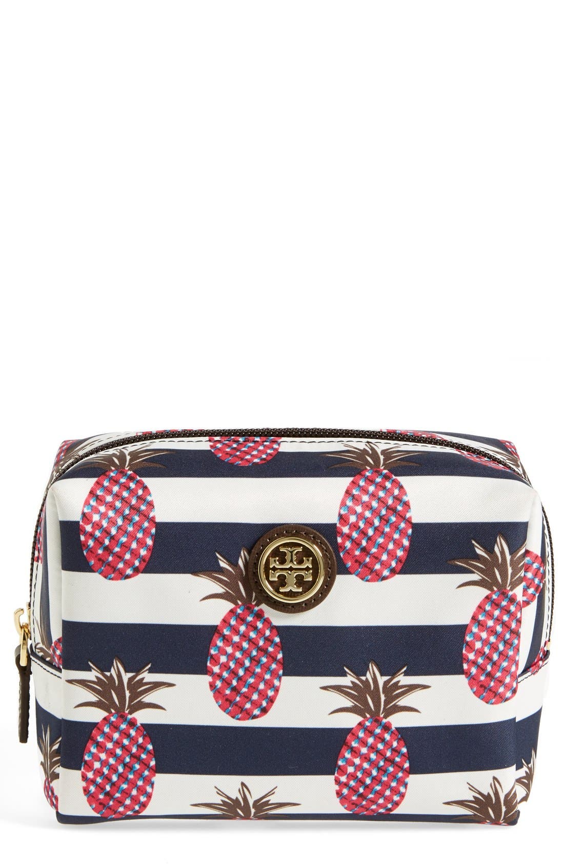 'Brigitte' Nylon Cosmetics Case, Main, color, PINEAPPLE STRIPE