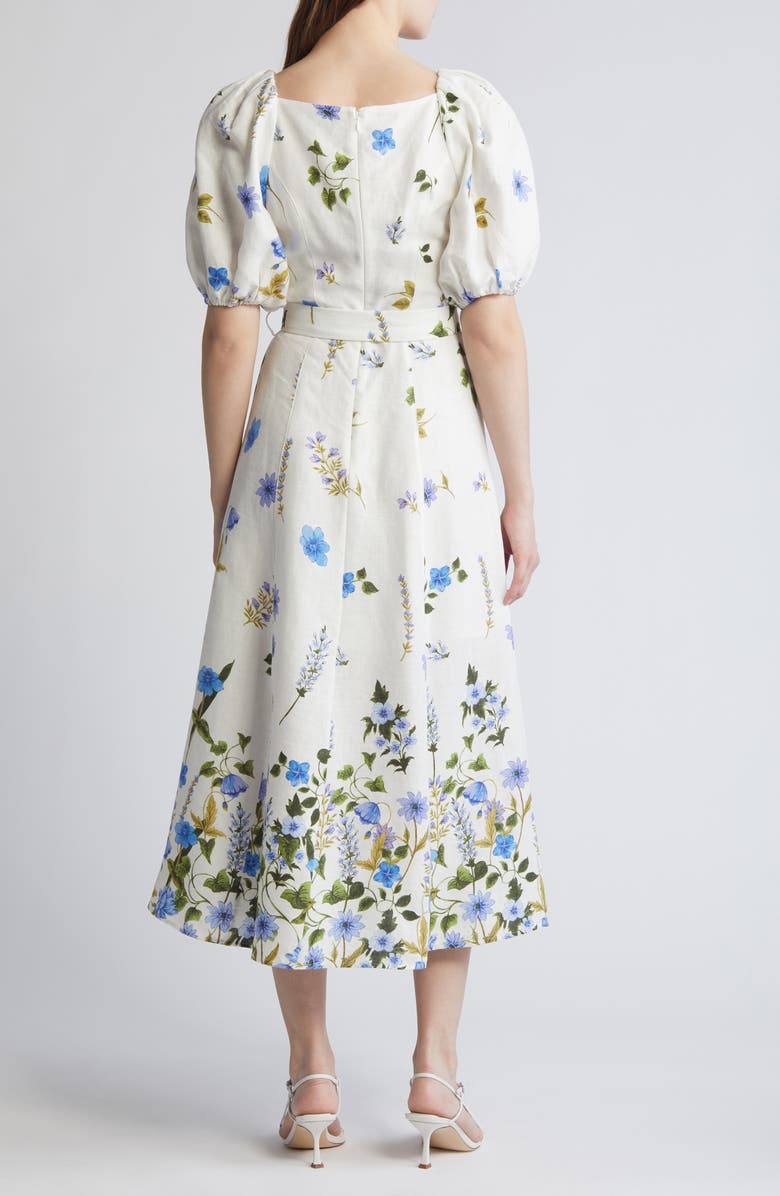 & Other Stories Floral Belted Puff Sleeve Linen Midi Dress, Alternate, color, 