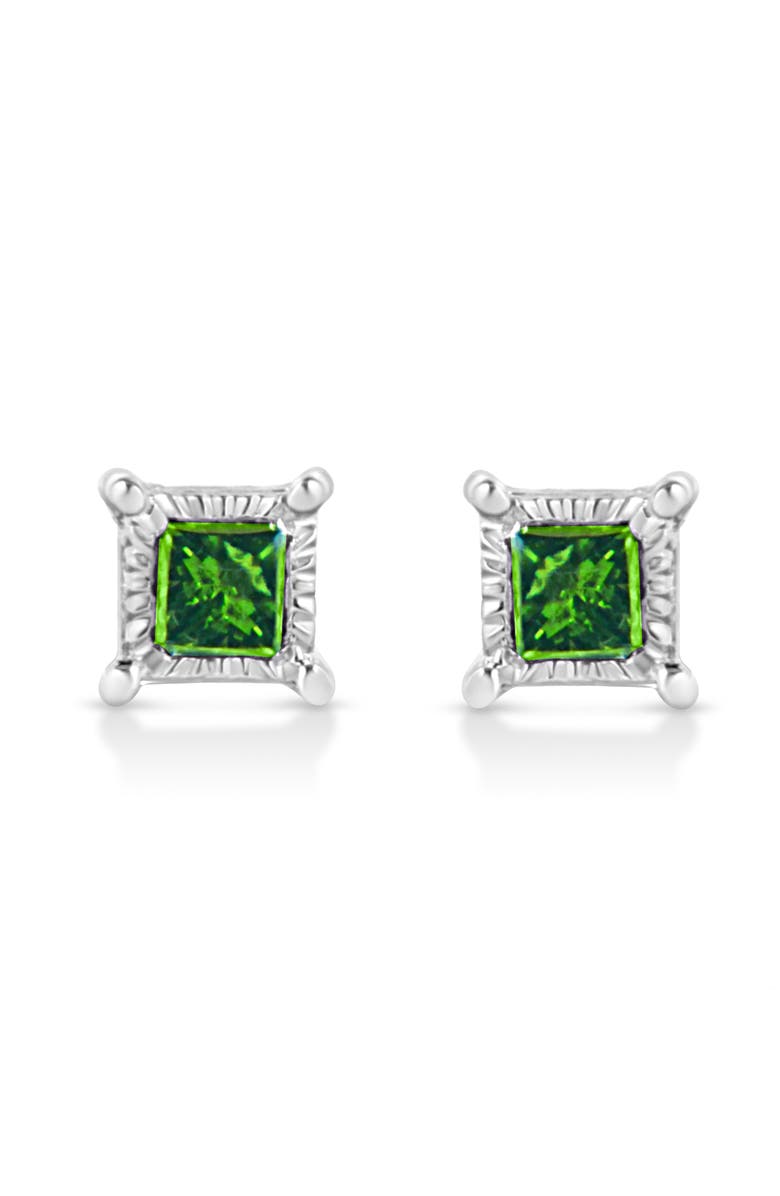 Haus of Brilliance Silver 1/10 Ct Miracle Princess Green Diamond Stud Earrings, Main, color, White