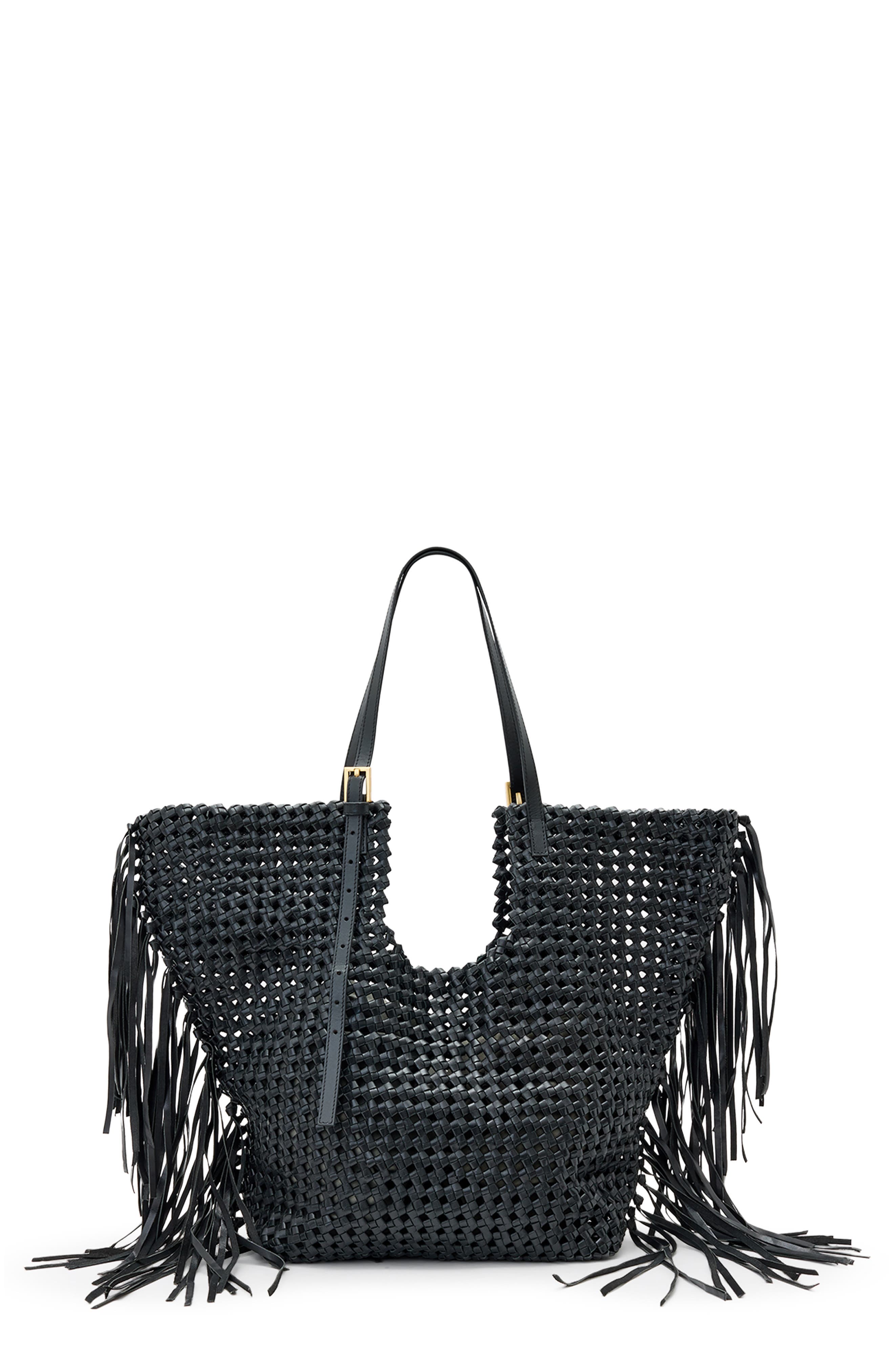 AllSaints Ara East West Woven Leather Tote, Main, color, Black