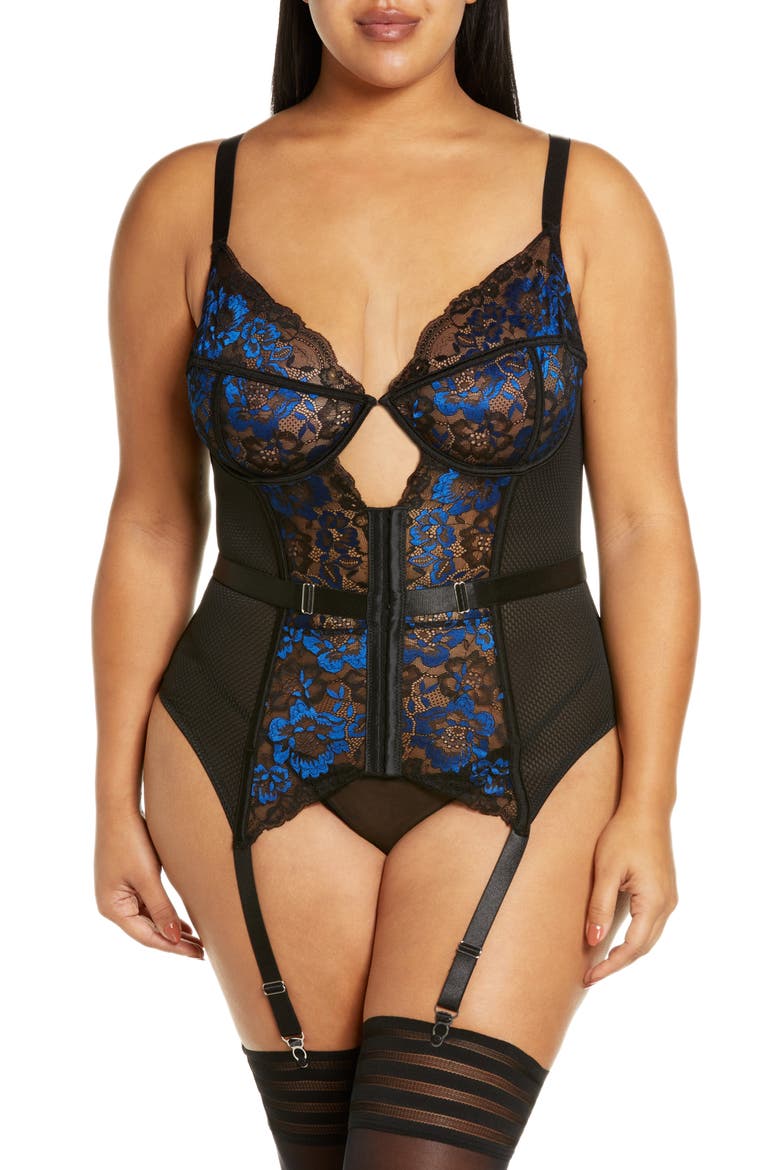Floral Mesh Underwire Bustier with Garter Straps, Main, color, BLACK