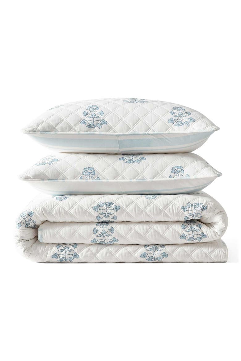 Flower Block Printed Cotton Quilt Set, Main, color, WINTER BLUE
