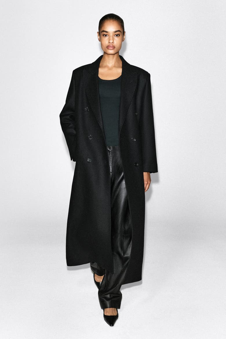 Tailored Wool-Blend Double-Breasted Coat, Alternate, color, BLACK