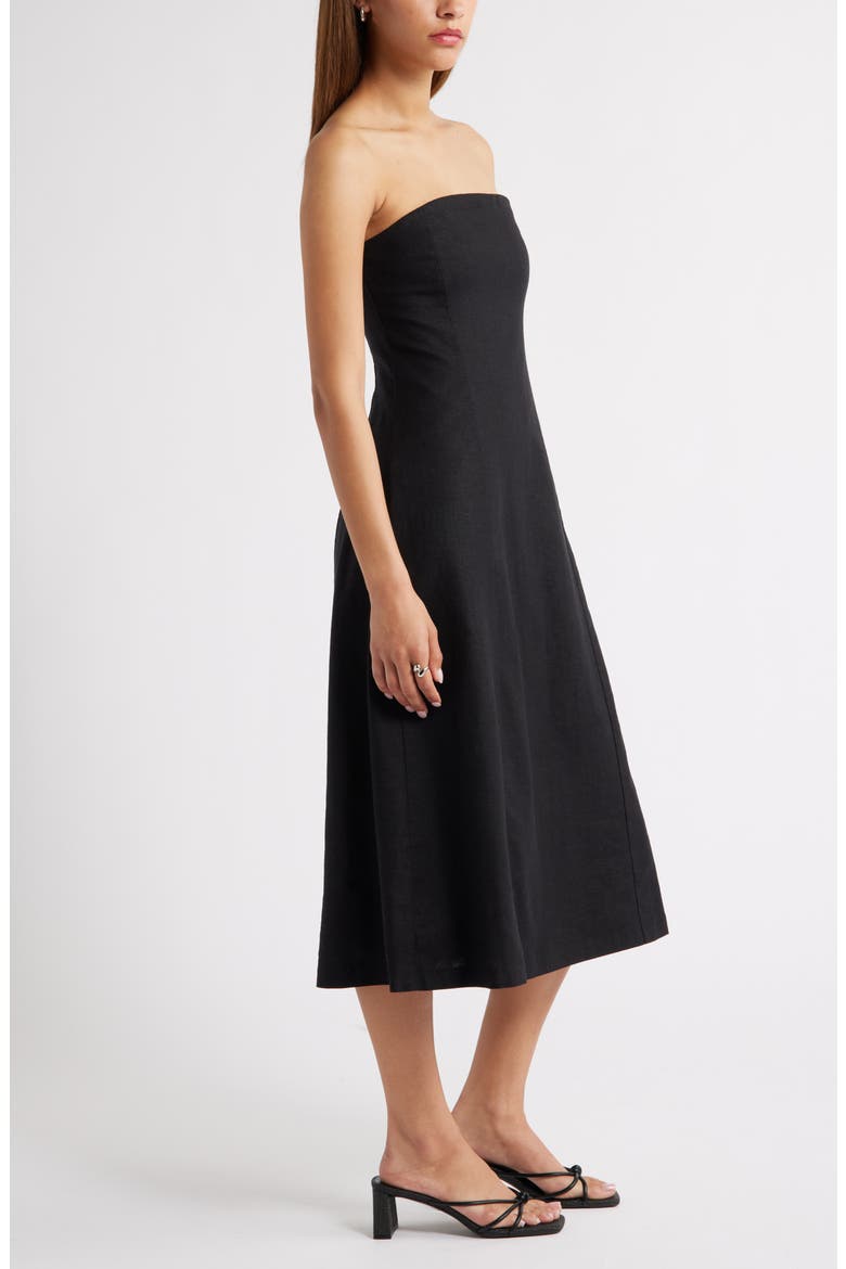 Strapless Linen Blend Midi Dress, Alternate, color, BLACK