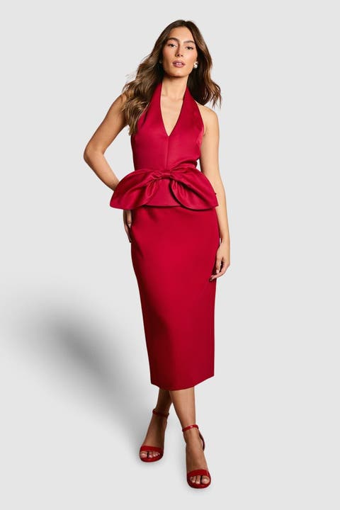 Halter Neck Satin Column Midi Dress