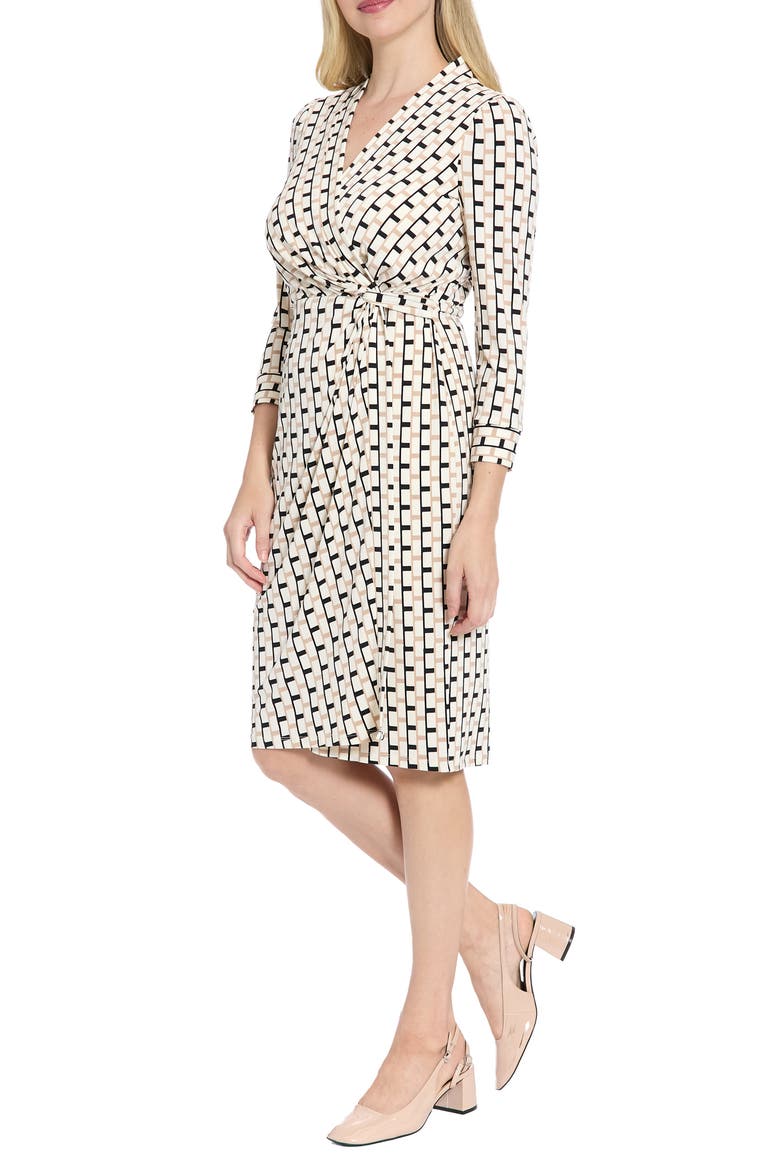 Geometric Print Faux Wrap Dress, Alternate, color, BLACK/ CREAM