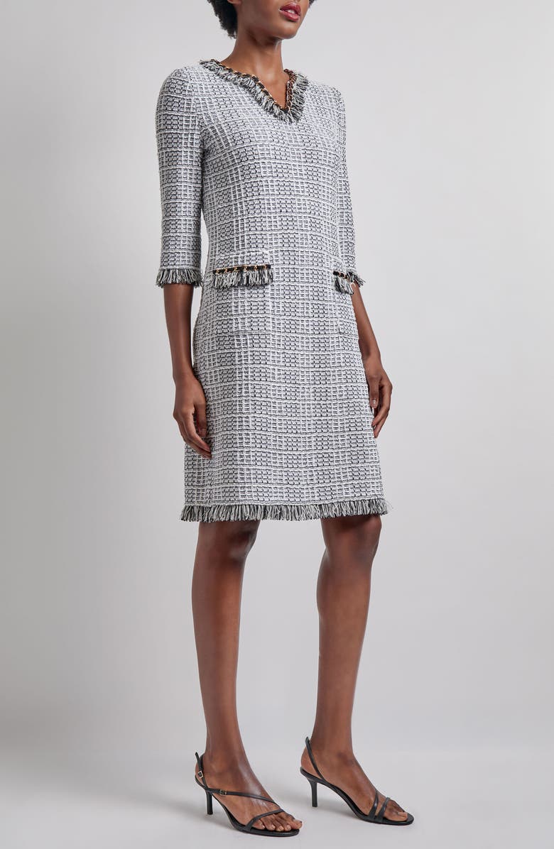 Misook Chain & Fringe Trim Tweed Shift Dress, Alternate, color,