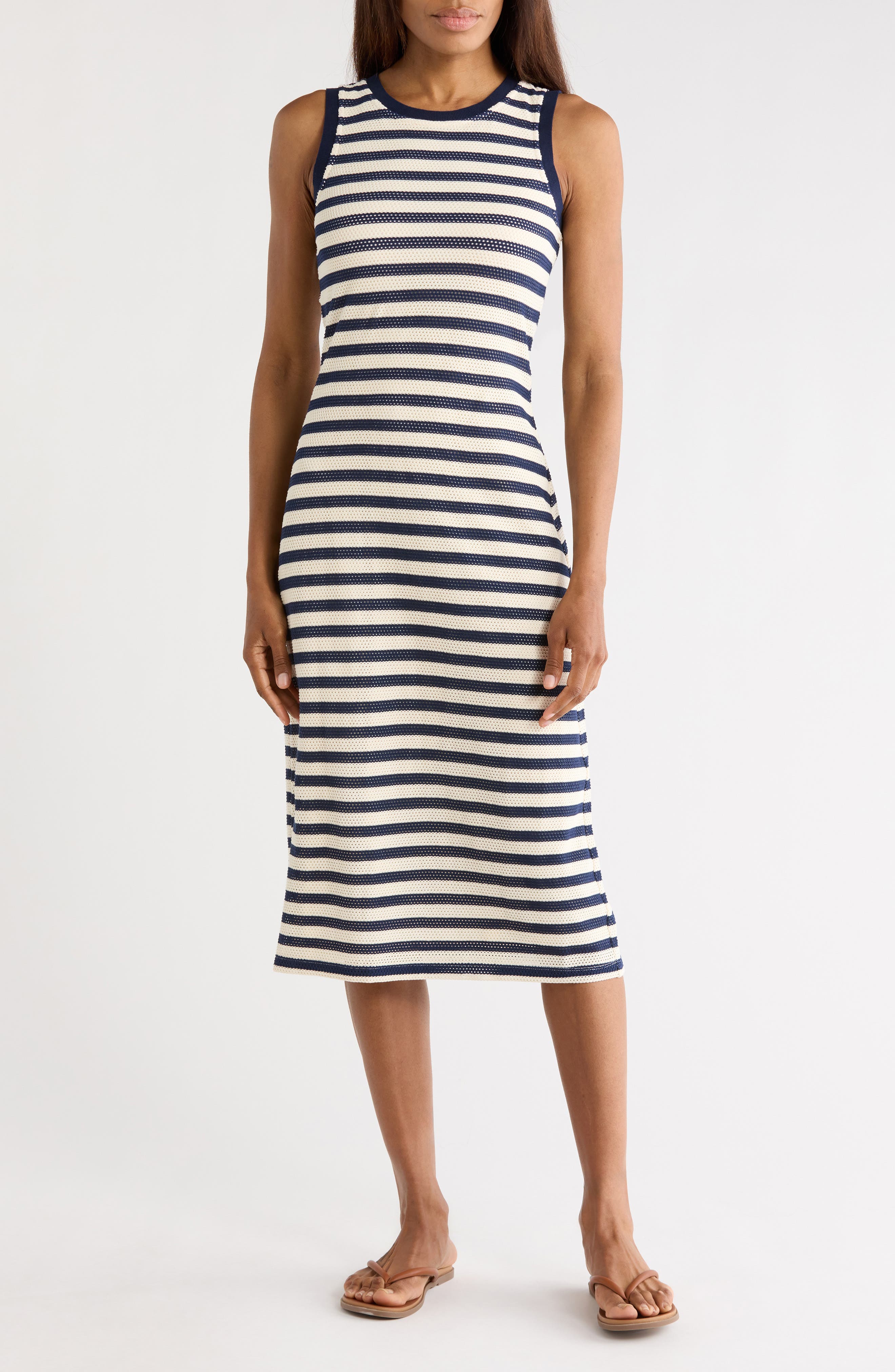 Ramy Brook Miranda Stripe Mesh Cotton Blend Tank Dress