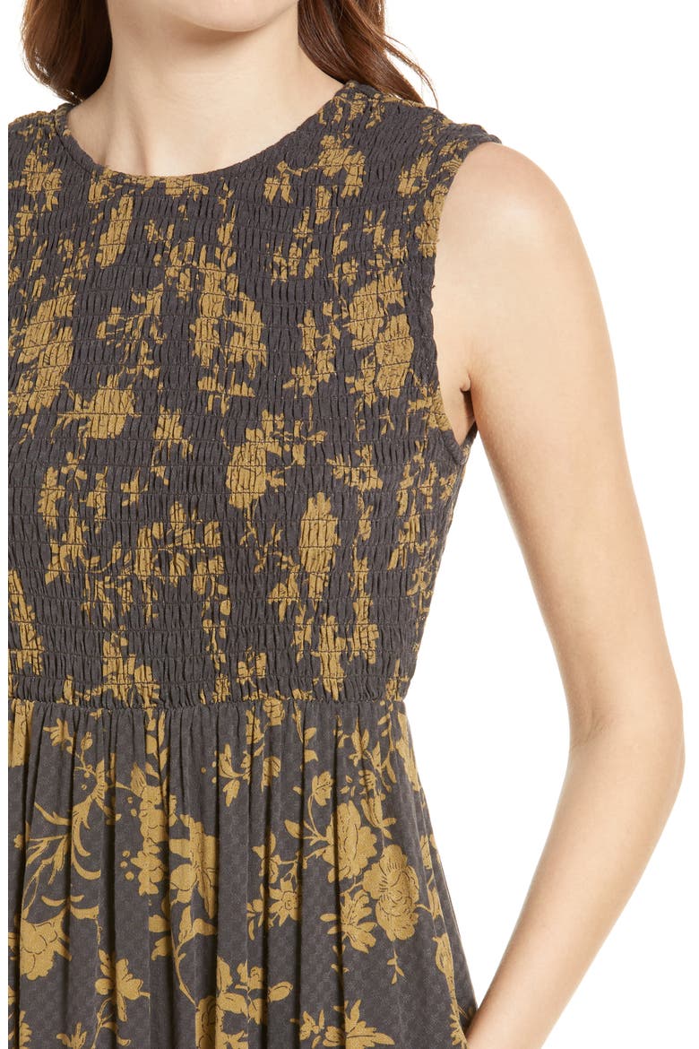 Smocked Sleeveless Midi Dress, Alternate, color, BROWN LATTE VINTAGE FLORAL