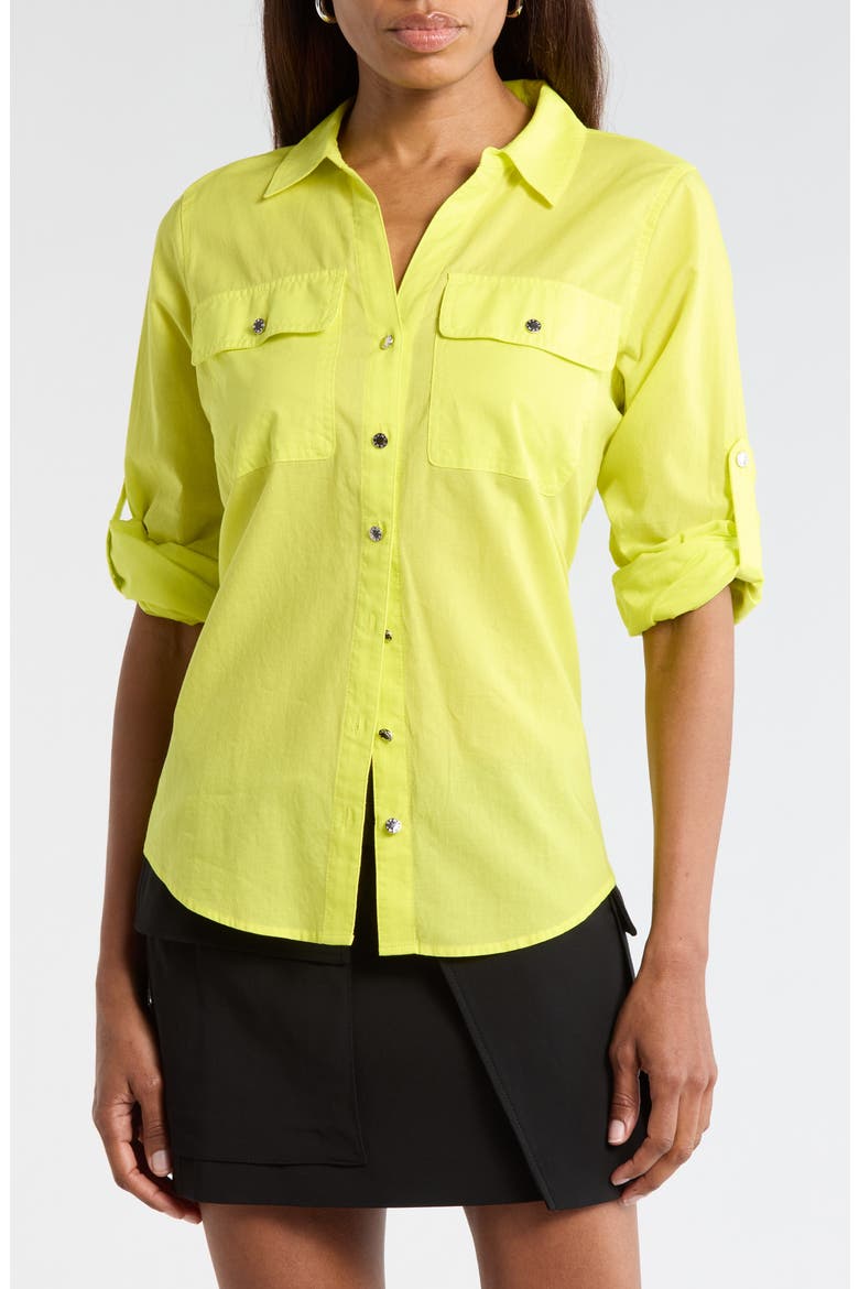 Solid Roll Sleeve Button-Up Shirt, Main, color, LIMEADE