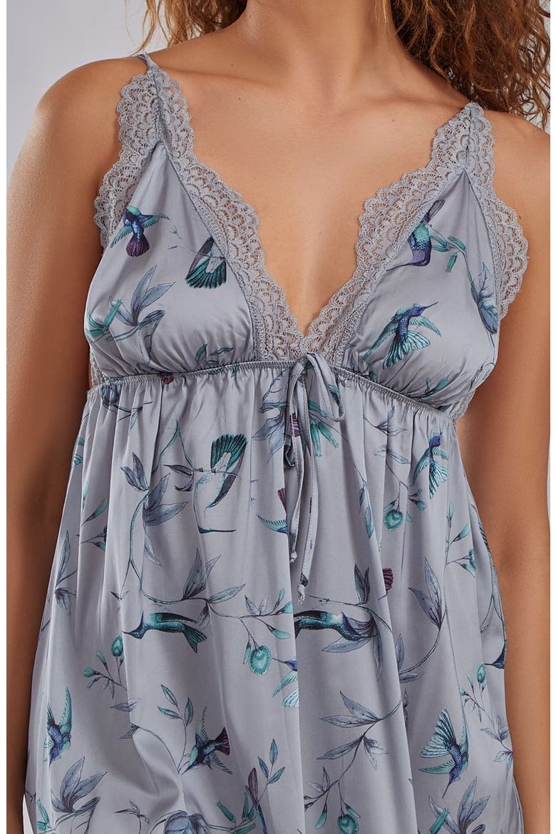 Hummingbird Print Satin Chemise with Laced Trimmed Plunge Neckline, Alternate, color, GRAY