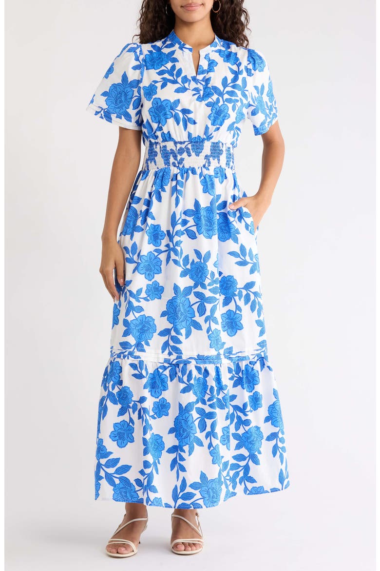 Belraj Floral Print Poplin Maxi Dress, Main, color, WHITE-BLUE-MULTI