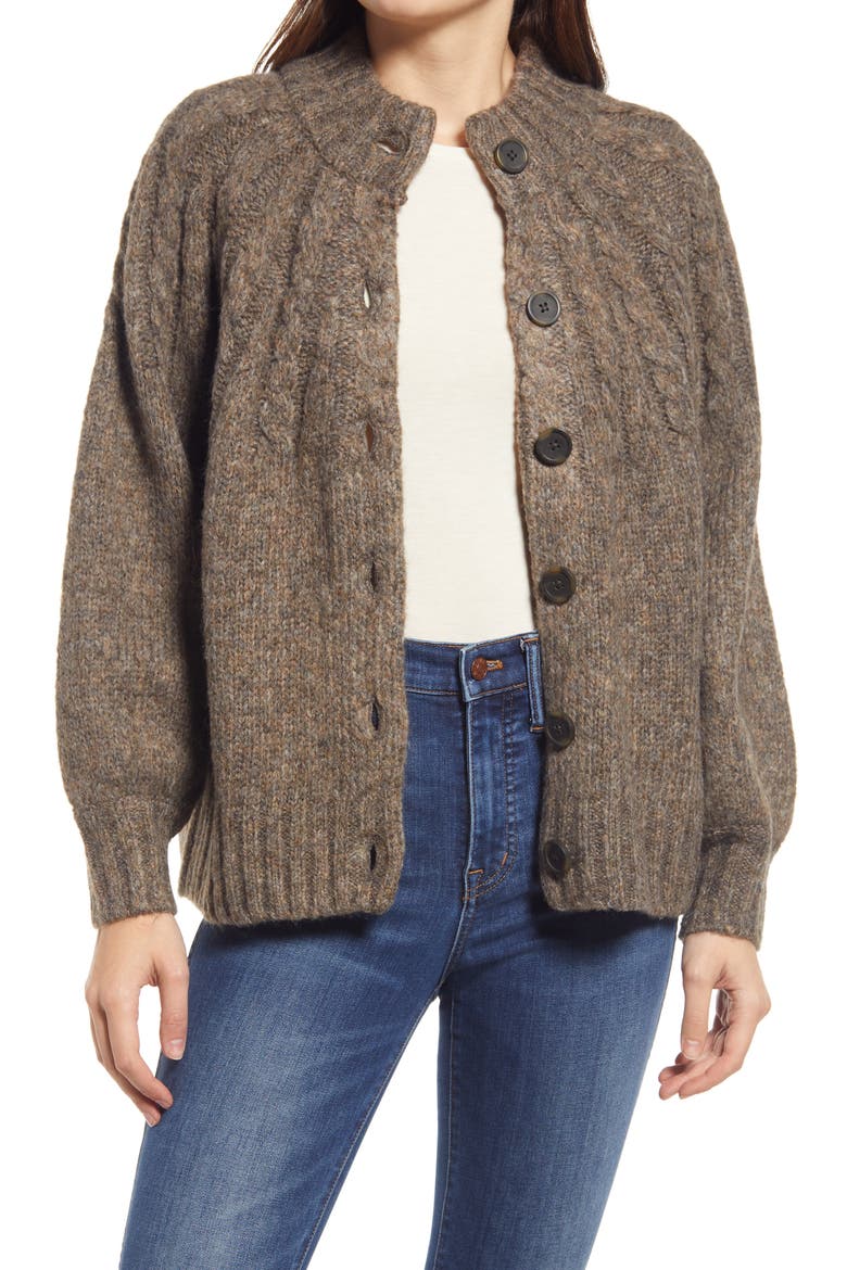 Harwood Cable Knit Mock Neck Cardigan, Main, color, HEATHER OTTER