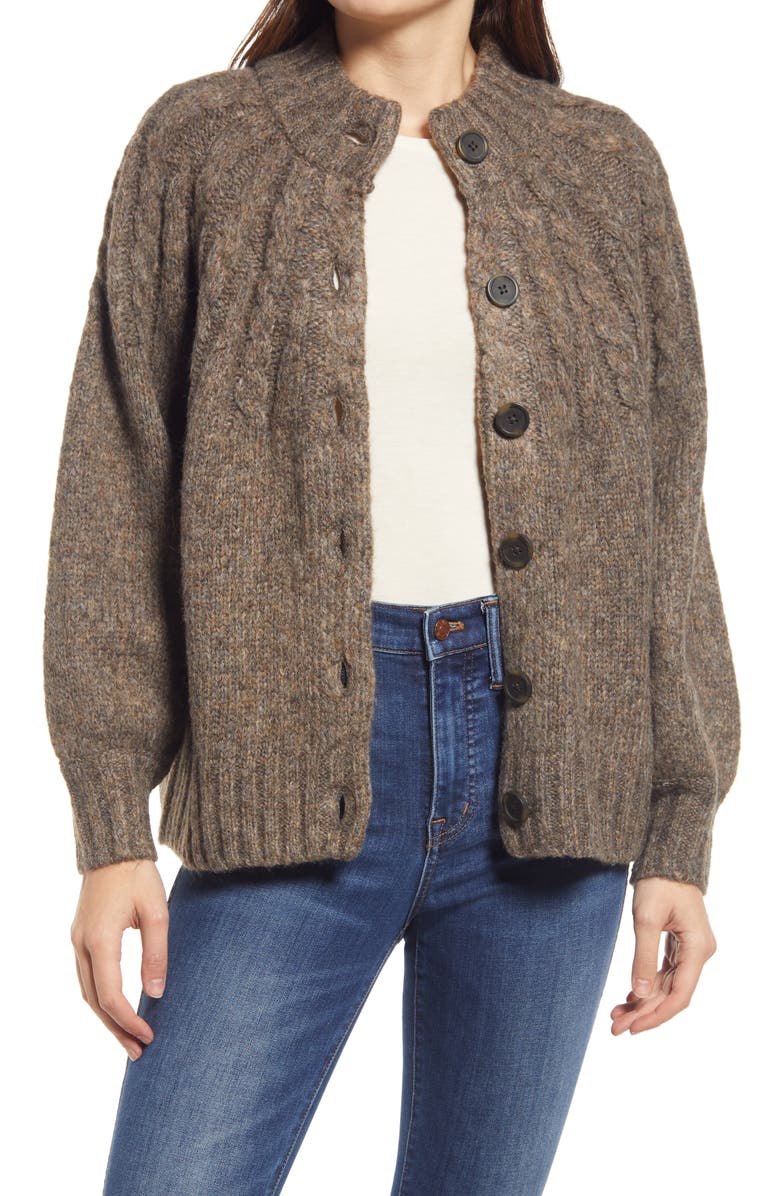 Madewell Harwood Cable Knit Mock Neck Cardigan, Main, color, 