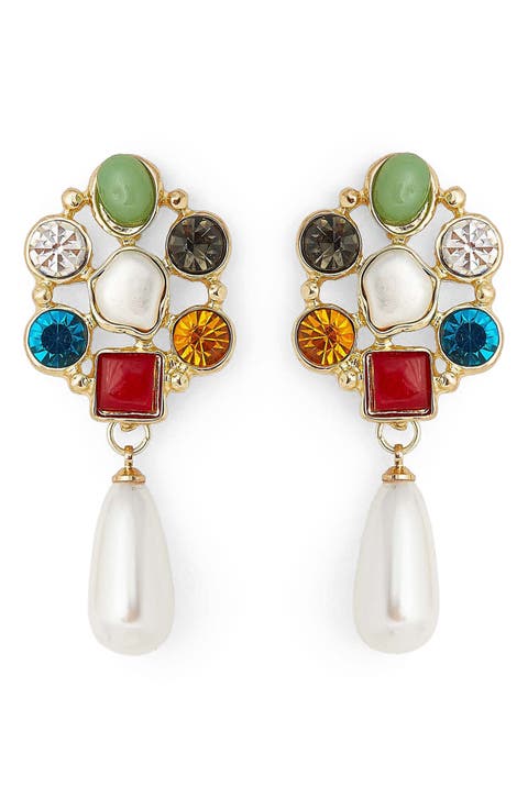 Red and Black Earrings with Crystals, Imitation Pearls, and Heart Charm