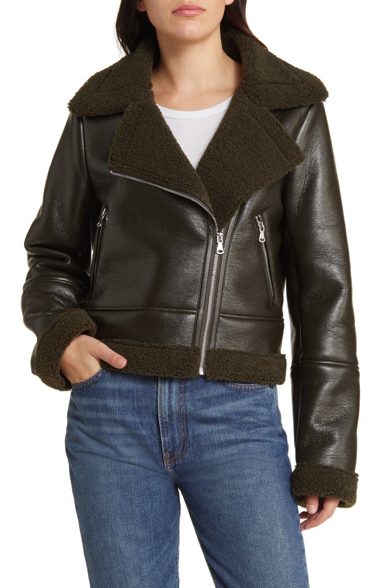 Vigoss Faux Shearling Moto Jacket, Alternate, color, Olive