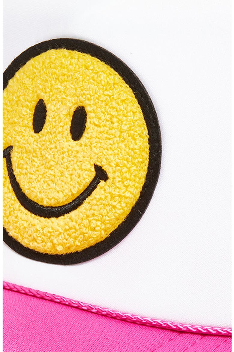 Smiley Patch Trucker Hat, Alternate, color, PINK / WHITE