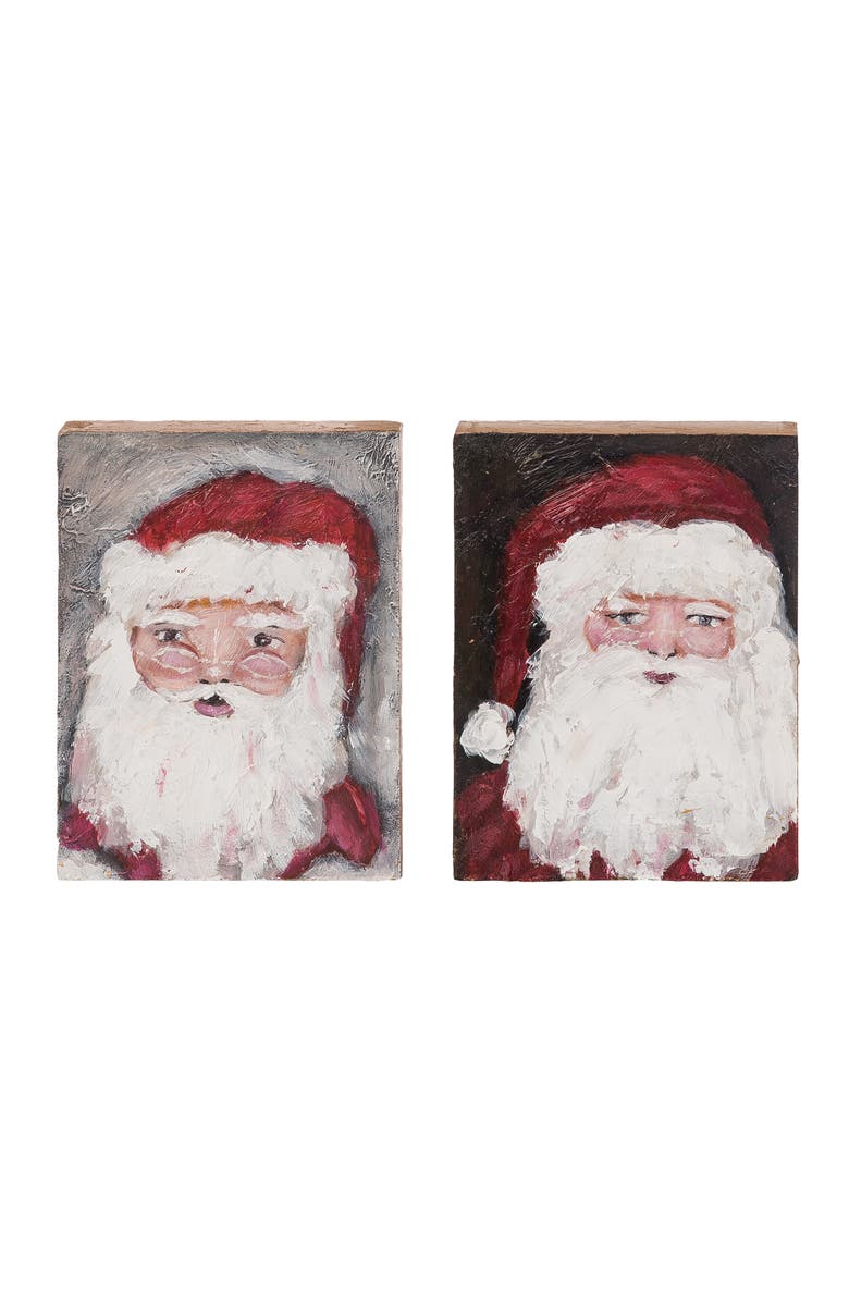 Transpac Hand Painted Santa Block Decor Set of 2 Tabletop Signs, Main, color, Red