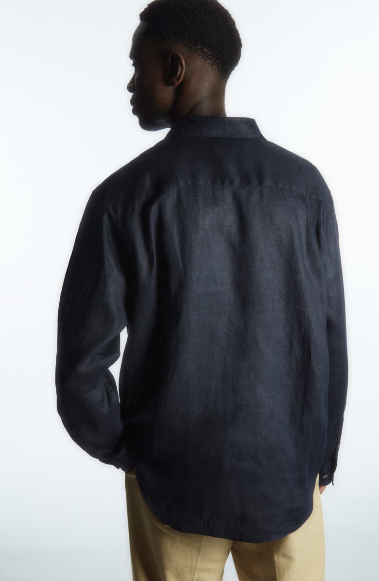 COS Curved Hem Linen Button-Up Shirt, Alternate, color, 