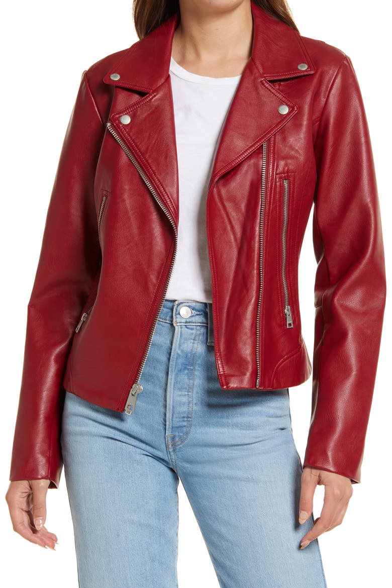 Faux Leather Moto Jacket, Main, color, DEEP RED
