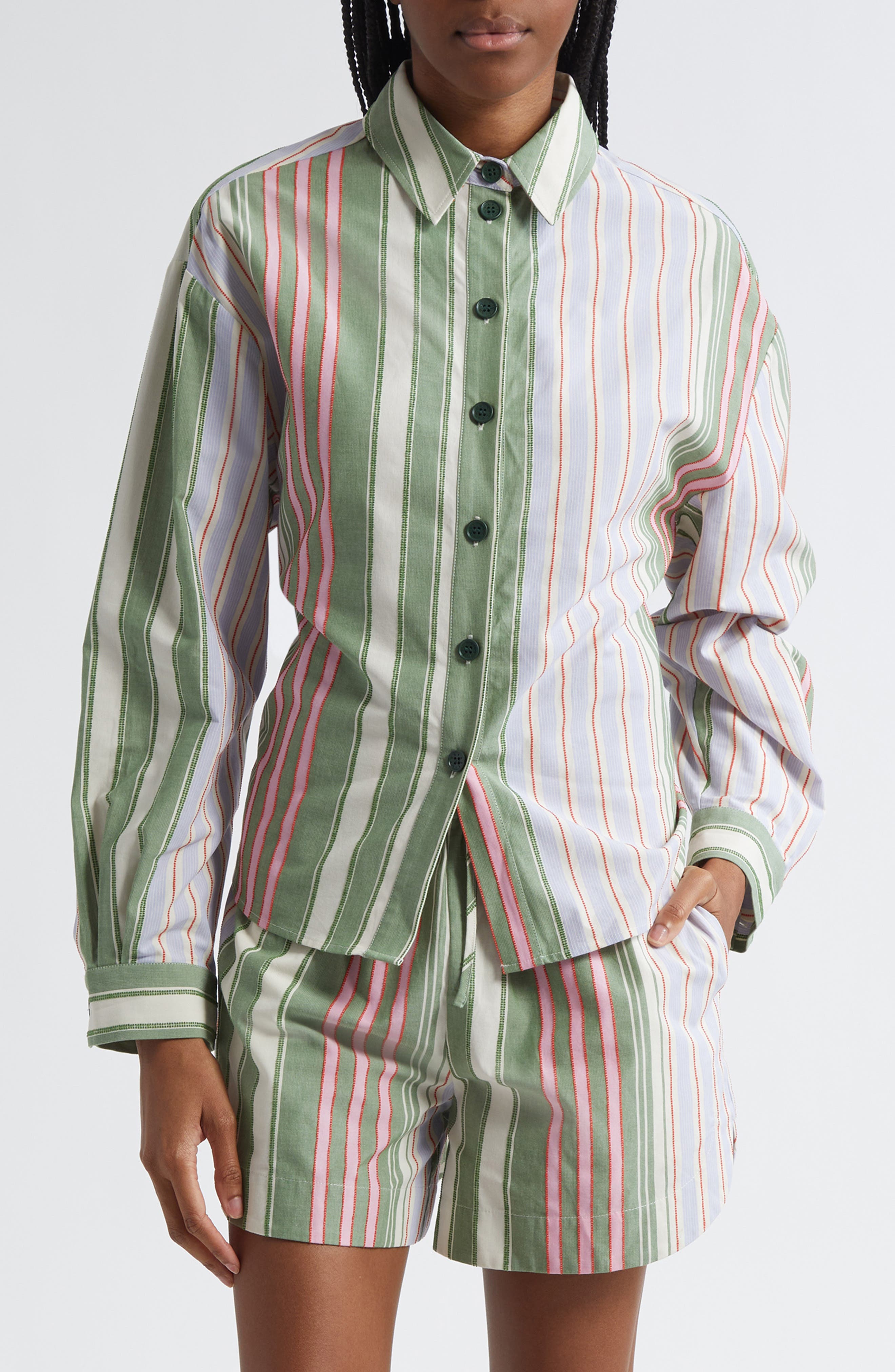 Stine Goya Mixed Stripe Tie Back Organic Cotton Button-Up Shirt