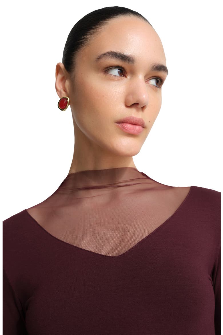Saige Mesh Yoke Mock Neck Top, Alternate, color, BURGUNDY