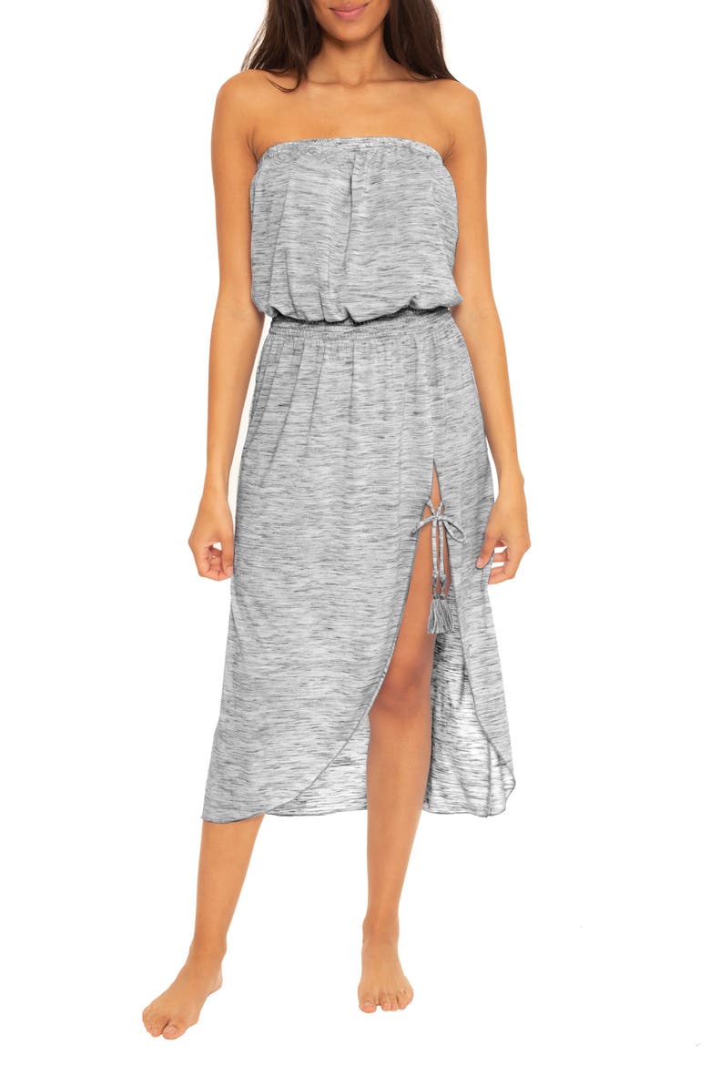 Whisper Smocked Waist Strapless Cover-Up Dress, Main, color, BLACK