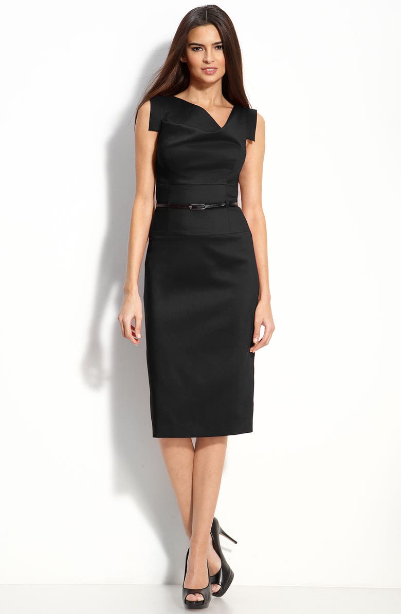 Black Halo Jackie Belted Stretch Gabardine Sheath Dress, Main, color, Black