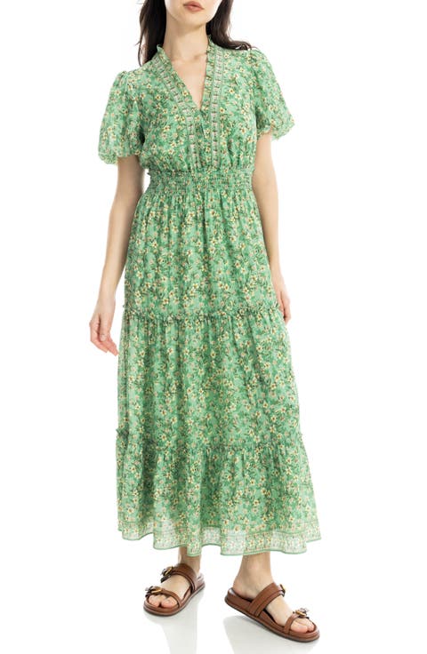 V-Neck Short Sleeve Tiered Maxi Dress