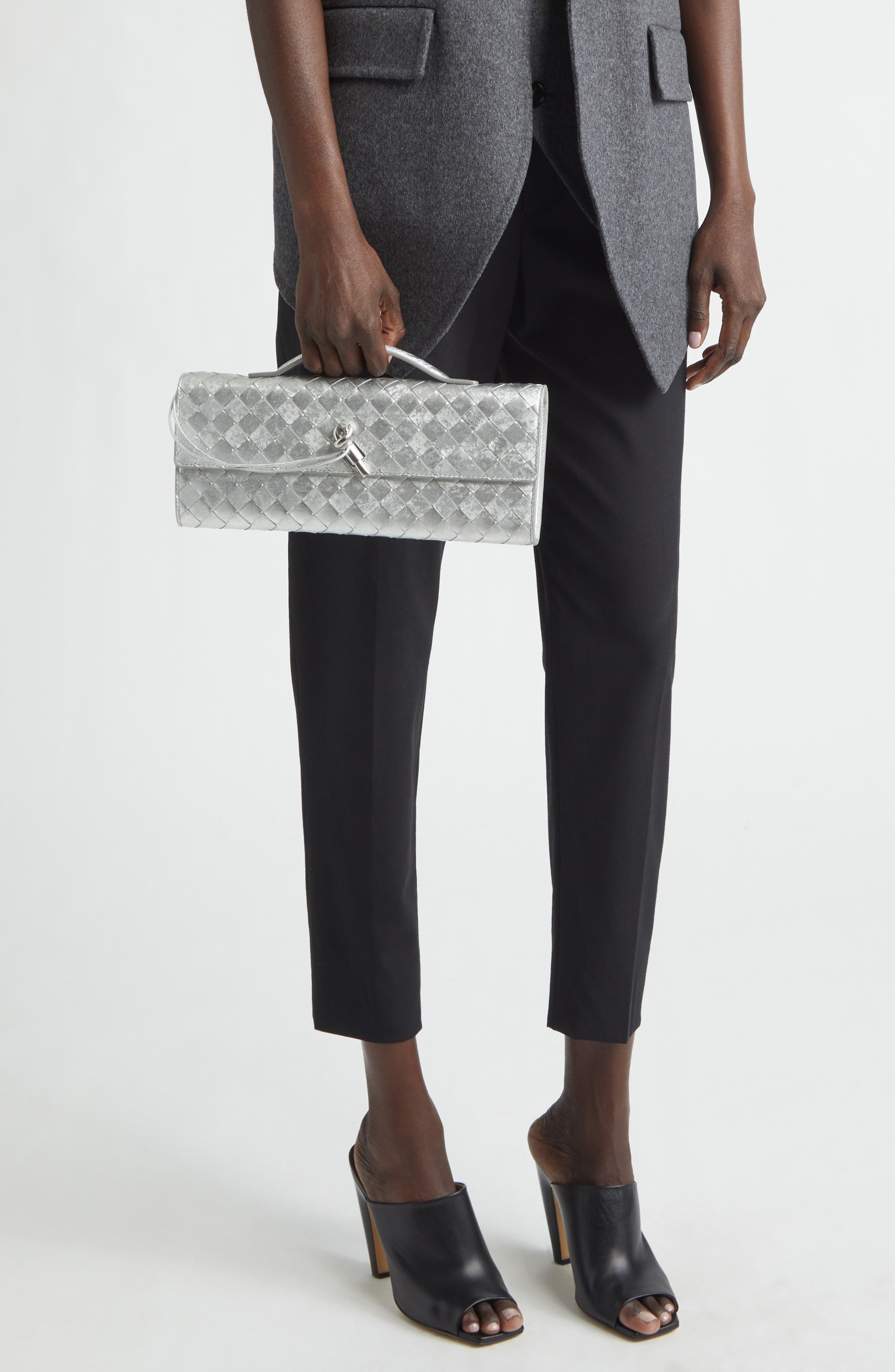 Bottega Veneta Andiamo Intrecciato Satin Clutch, Alternate, color, 8101 Silver / Silver