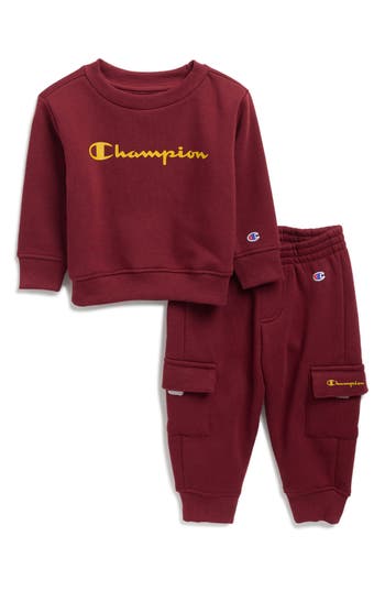Champion Crewneck Sweatshirt & Fleece Cargo Joggers Set In Burgundy
