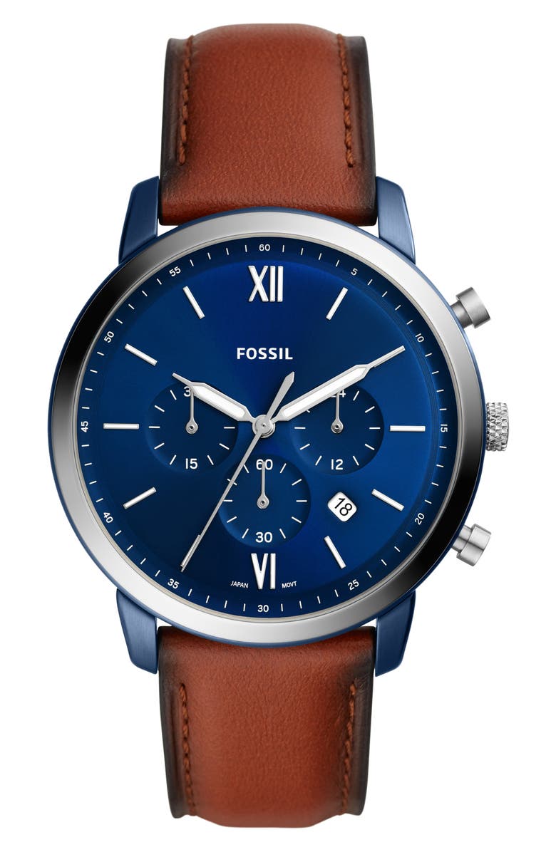 Fossil Neutra Chronograph Leather Strap Watch, 44mm, Main, color, 