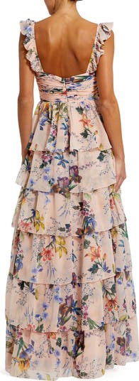 Ruffle Sleeveless Chiffon Tiered Floral Print Gown