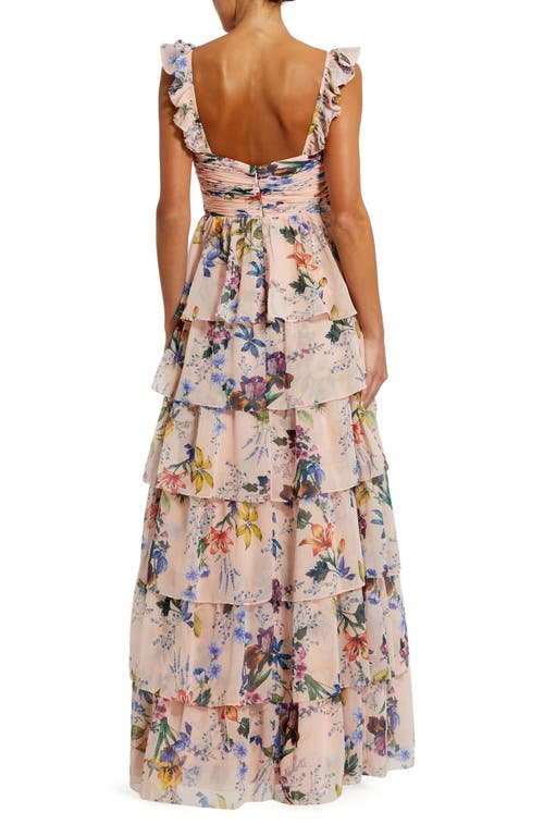 Mac Duggal Ruffle Sleeveless Chiffon Tiered Floral Print Gown In Pink Multi