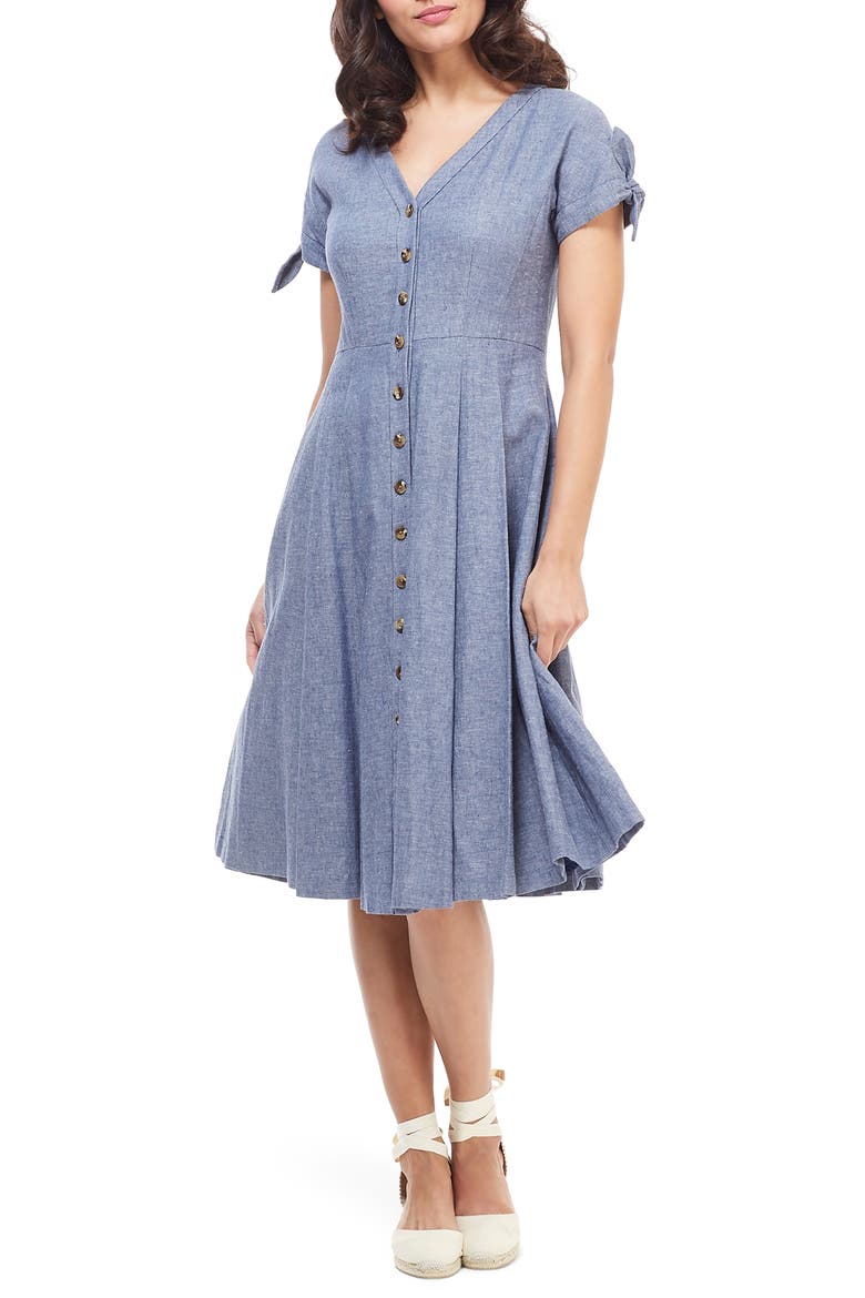Lenna Button Front Linen Blend Fit & Flare Dress, Main, color, CHAMBRAY