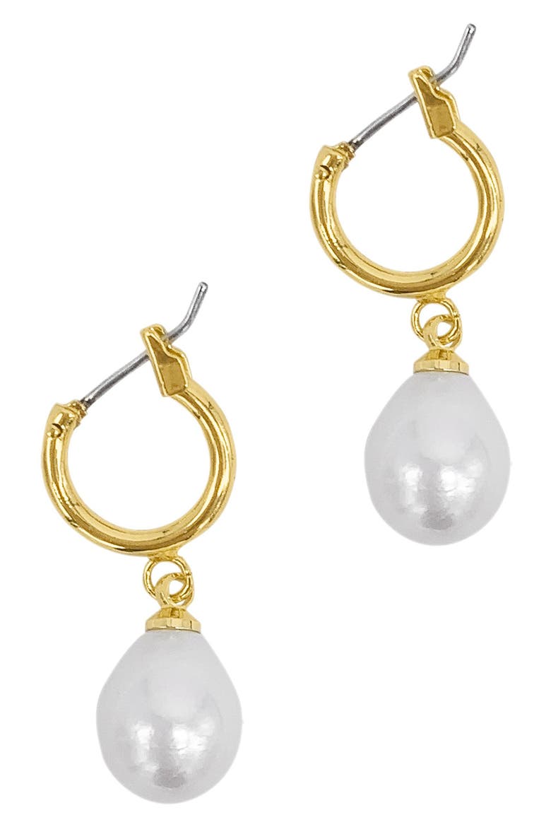 14K Yellow Gold Plated 10mm Freshwater Pearl Huggie Drop Earrings, Main, color, YELLOW