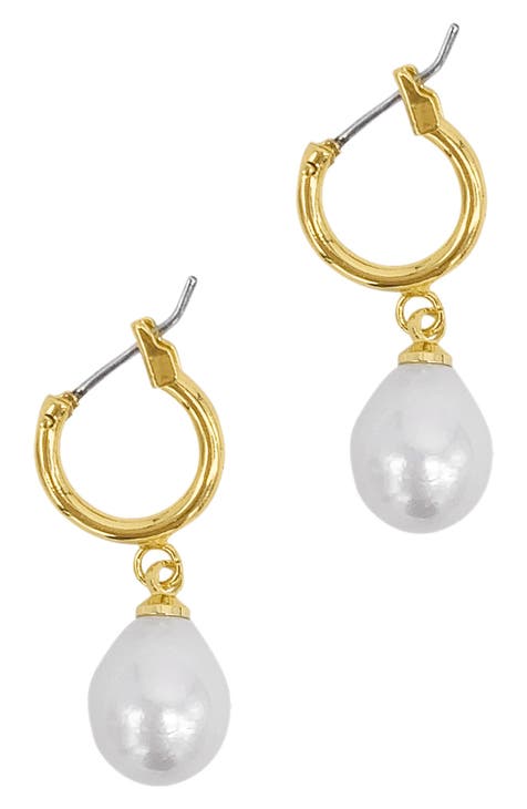 14K Yellow Gold Plated 10mm Freshwater Pearl Huggie Drop Earrings