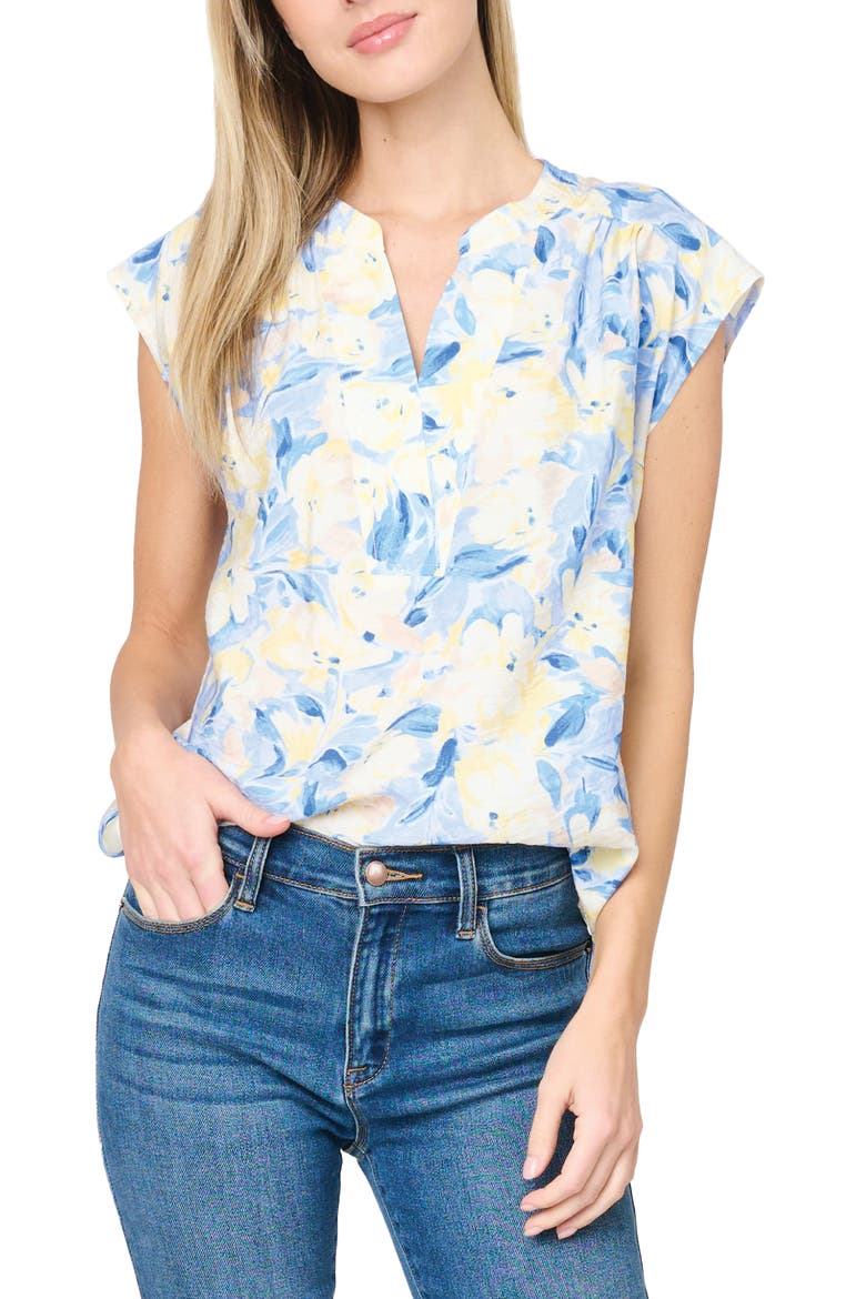Split Neck Cap Sleeve High-Low Top, Main, color, YELLOW/ NAVY FLORAL