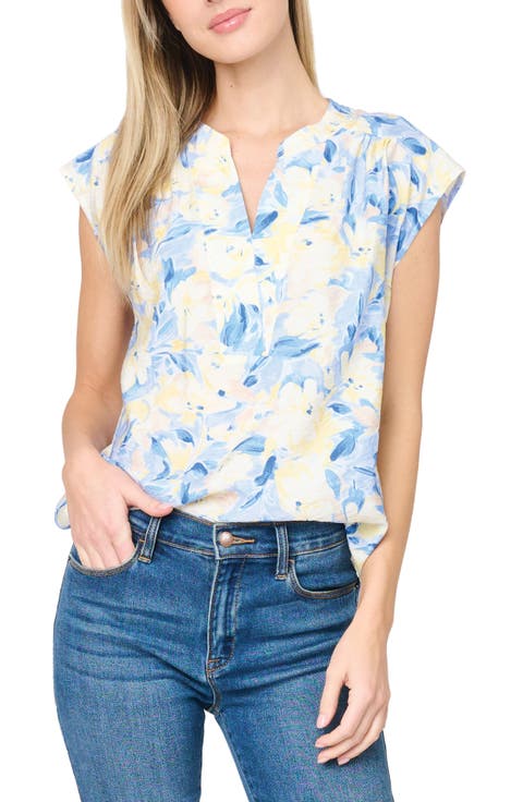 Split Neck Cap Sleeve High-Low Top