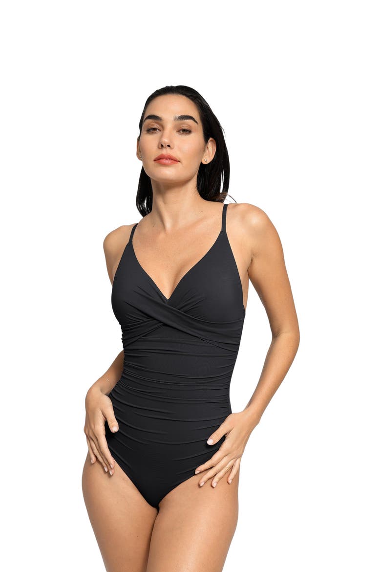 Ruched V-Neck Sultry Vacation & Pool Party One-Piece Shapewear Swimsuit, Main, color, Midnight Black
