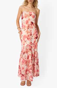 Maristela Abstract Floral Strapless Silk Crêpe de Chine Dress