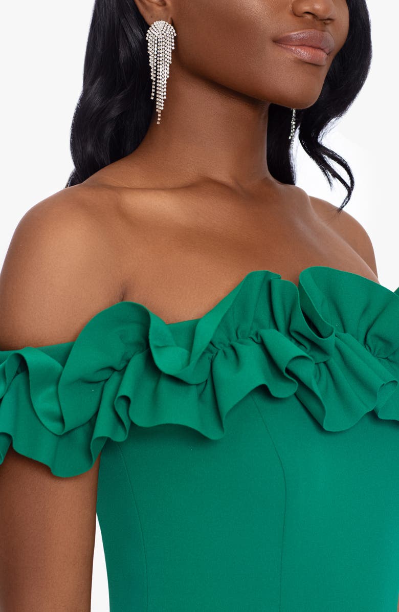 Xscape Evenings Off the Shoulder Ruffle Crepe Trumpet Gown, Alternate, color, 