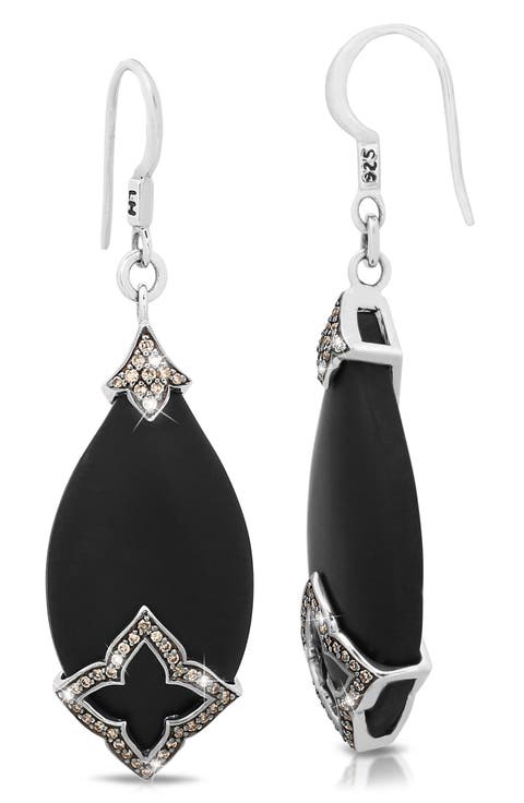 Sterling Silver Black Onyx & Brown Diamond Teardrop Earrings - 0.50ct.