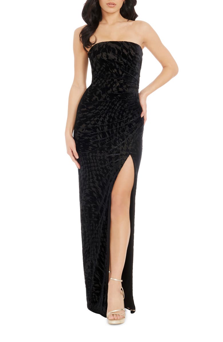 Dress the Population Jasmine Strapless Burnout Velvet Sheath Gown, Main, color, Black