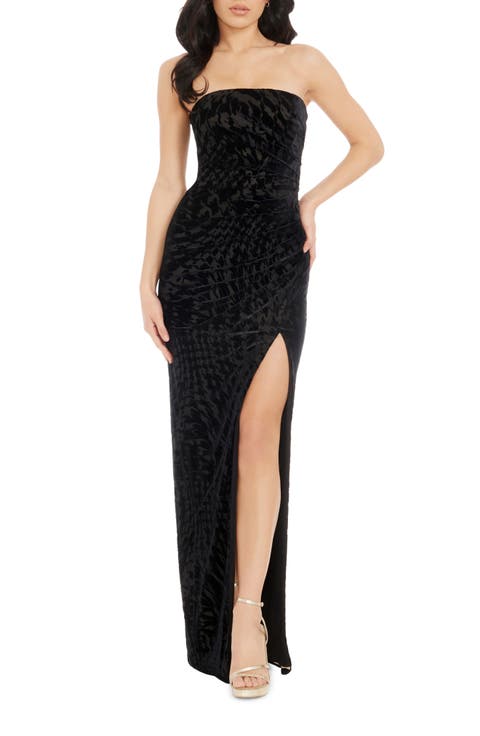 Jasmine Strapless Burnout Velvet Sheath Gown