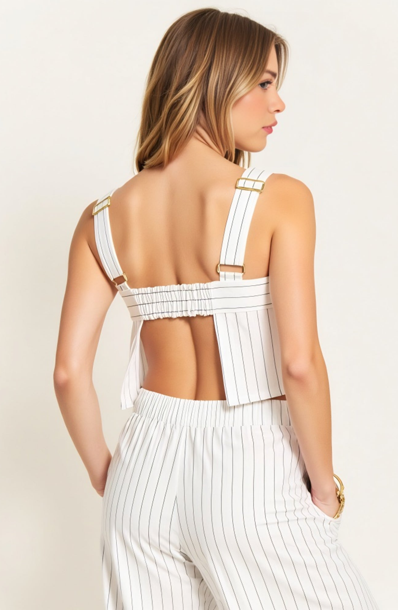 Modenaire Striped Open Back Crop Top and Wide Leg High Waist Pant Outfit Set, Alternate, color, White / Black Striped
