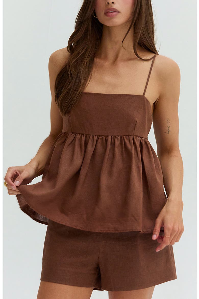 Tie Back Babydoll Linen Blend Top, Alternate, color, Brown